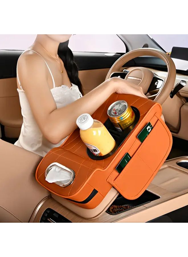Black 5 In 1 Car Armrest Cushion With Tissue Box Cup Holder Storage Bag Ergonomic Design Universal Fit - Image 1