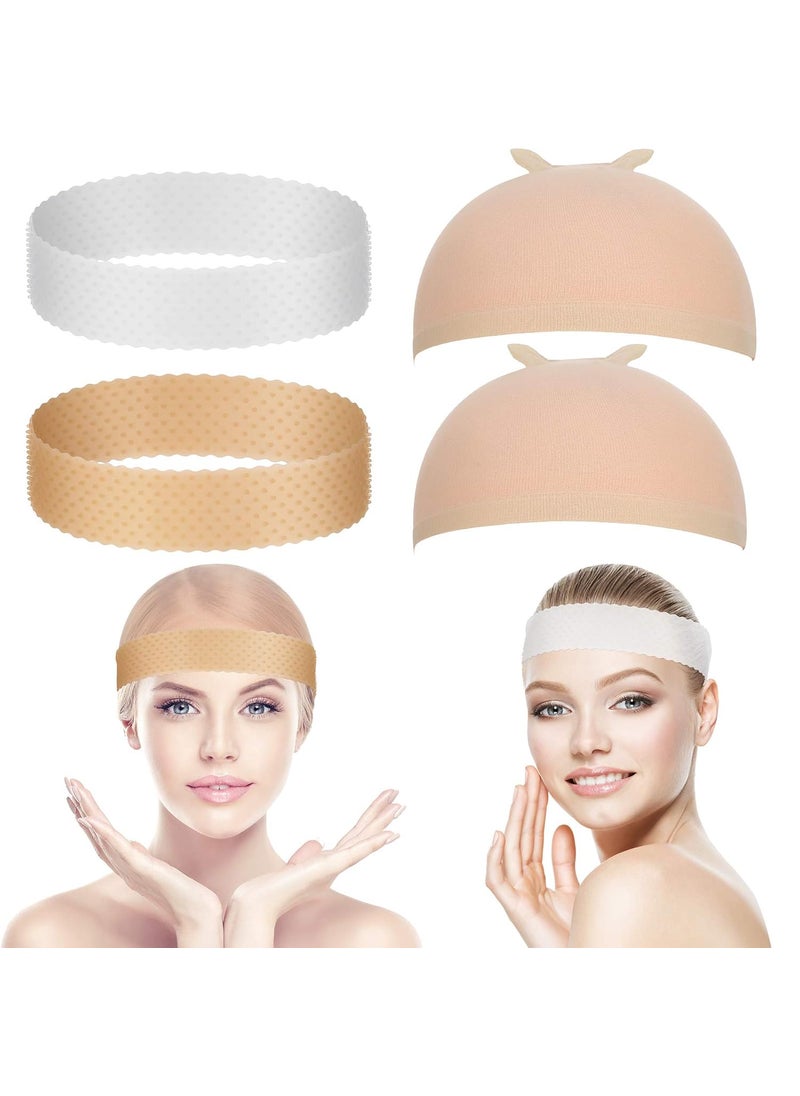 WILLBOND WILLBOND 4 Pieces Nylon Wig Caps and Silicone Stretchy Wig Grip Band Set Seamless Nonslip Headband Adjustable for WomenWhite and Light Brown Skin Color 