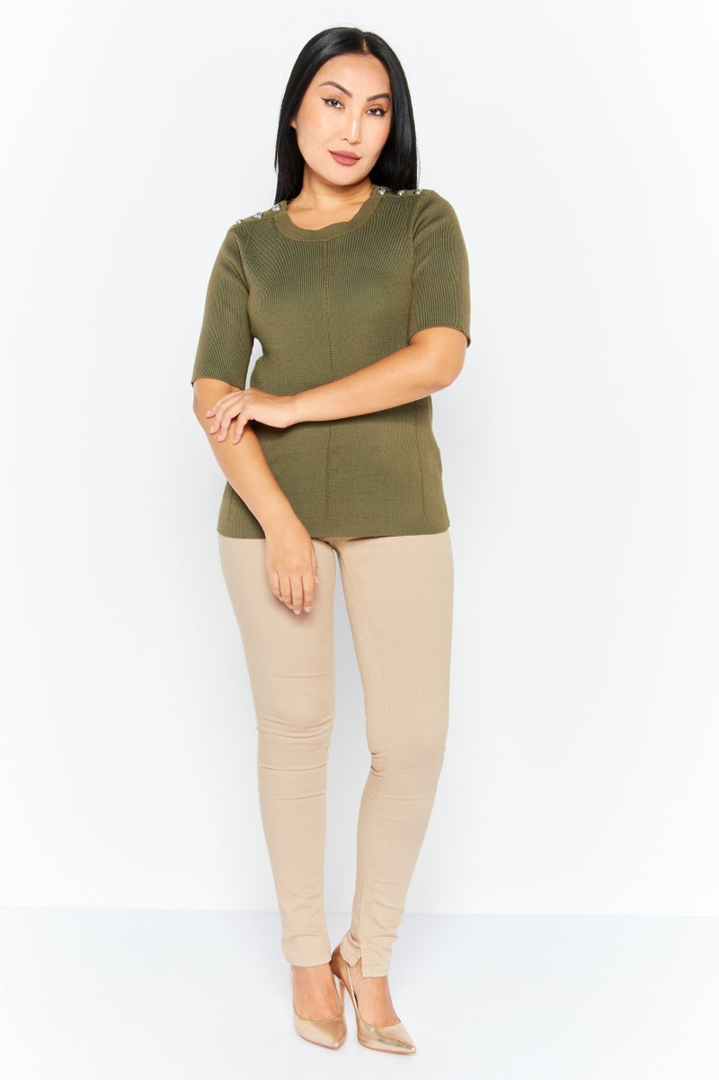 CARMEN MARC VALVO Women Crew Neck Short Sleeves Textured Top, Olive - Image 4