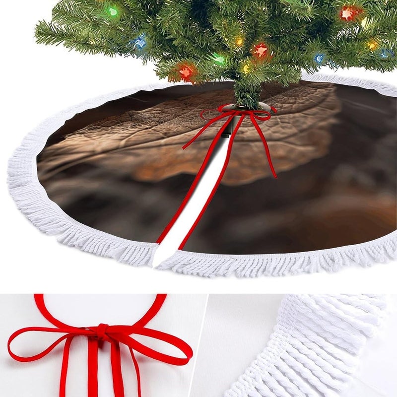 Dry Leaves Christmas Tree Skirt Classic Round Xmas Tree Skirt Protects Floors Christmas Tree Mat with Tassels for Winter Holiday Party Indoor Decor - Image 3