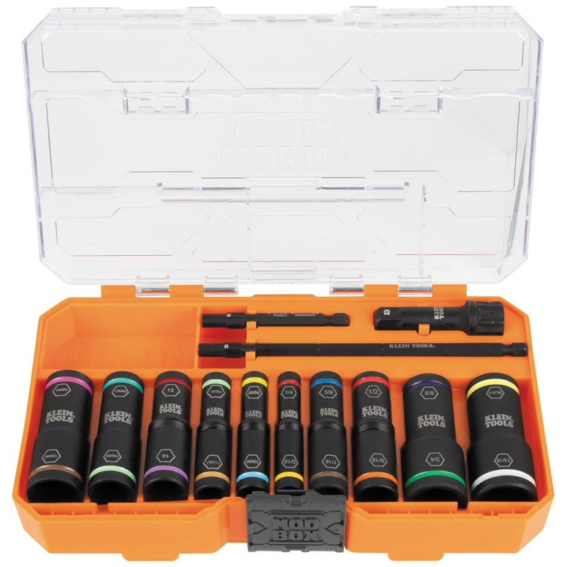 Klein Tools 65239 KNECT Flip20 Deep Impact Socket Set 20 SAE and Metric Socket Sizes with MODbox Case Heavy Duty Flip Sockets with 14 and 38Inch Adapters