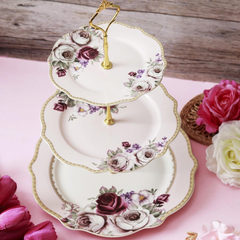 Vigneto Rose Garden Three Tier Dessert Stand, Cupcake Display and Cake Stand, Detachable Serving Dessert Tower | Finest Premium Porcelain - Image 1