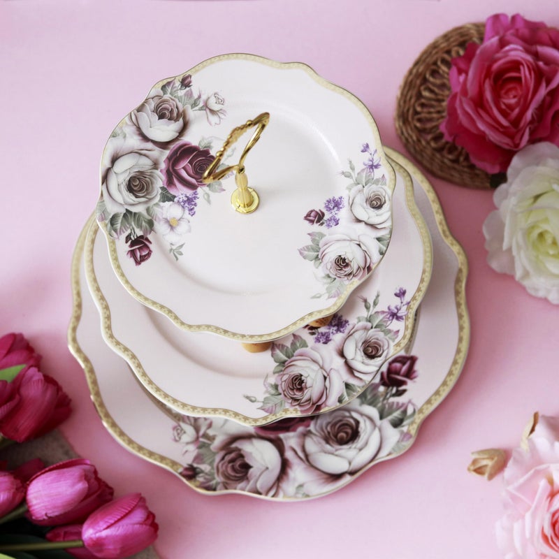 Vigneto Rose Garden Three Tier Dessert Stand, Cupcake Display and Cake Stand, Detachable Serving Dessert Tower | Finest Premium Porcelain - Image 5