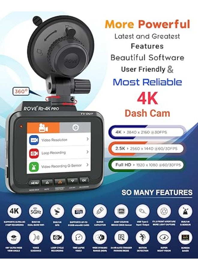 ROVE R2-4K PRO Dash Cam, Built-in GPS, 5G Wi-Fi Dash Camera for Cars, 2160P UHD 30fps Dashcam with APP, 2.4" IPS Screen, Night Vision, WDR, 150° Wide Angle, 24-Hr Parking Mode, Supports 512GB Max - Image 2