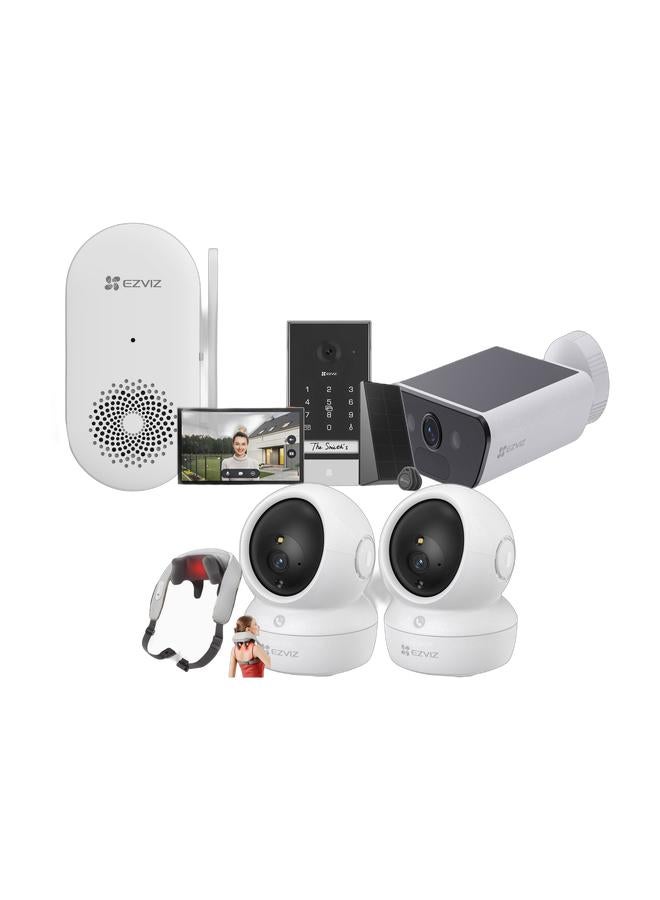 EZVIZ Battery Video Door Intercom with Solar Panel, 2K Intercom with Camera, 7 Inch Colour Touch Screen and 2-Way Audio, Dual Band, Door Intercom Supports Password, HaLow Connection, EP7 & CB5 Outdoor Security Camera, 4K/8MP Solar Battery Camera with Always-On Video, Built-in Solar Panel, AI Human/Vehicle Detection, Weatherproof, Color Night Vision, Two-Way Talk, Supports Wi-Fi 6 & CH1 Smart Wi-Fi Chime Designed for EZVIZ Battery-Powered Video Doorbells (EP3x Pro & More), White & SKG H5 Mini Portable Cordless Shiatsu Neck and Shoulder Massager with TENS Pulse, Soothing Heat & Ergonomic Fit for Pain Relief Deep Tissue 6D Massage Head & 3MP H6c Pro Pack Of 2 Wi-Fi Smart Home Security Camera White Baby Monitor Surveillance Camera With Motion Detection Smart Tracking Two Way Audio Night Vision Remote Control Works With Alexa, WhiteBundle - Image 1