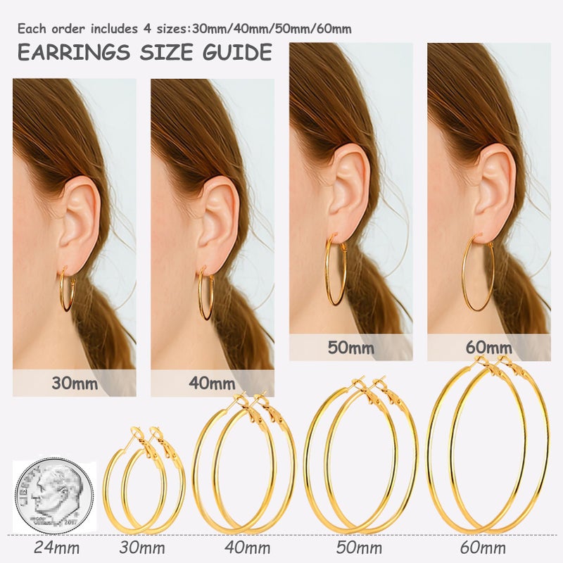 YINCUO 4 Pairs Stainless Steel Hoop 30/40/50/60 mm 14K Gold Plated Earrings for Women Hoops Hypoallergenic Thin Lightweight Dangle Set - Image 2