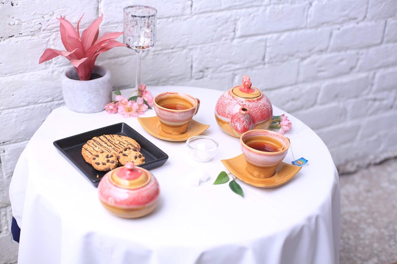Caffeine Ceramic Handmade Pink & Mustard Studio Tea Sets (Set of 7 pcs) - Image 1