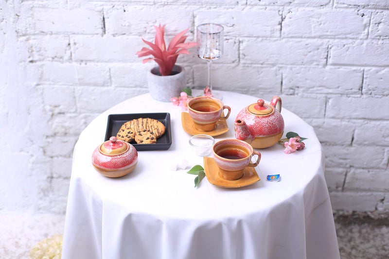 Caffeine Ceramic Handmade Pink & Mustard Studio Tea Sets (Set of 7 pcs) - Image 3