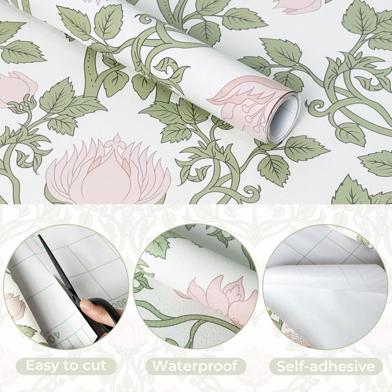YXTII Floral Wallpaper Peel and Stick - 393.7" Ã— 17.3" Pink and Green Wallpaper for Bedroom Decorative Self Adhesive Shelf Drawer Liner - Image 2