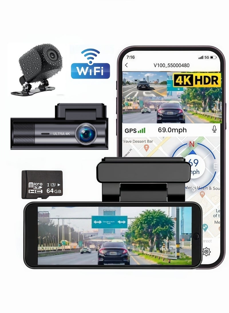 كاميرا داش للسيارات، كاميرا سيارة أمامية وخلفية بدقة 4K UHD كاملة مع بطاقة 64GB U3، رؤية ليلية فائقة مدمجة، شاشة IPS بحجم 3.0 بوصة، زاوية واسعة 170°، مستشعر G، وضع وقوف السيارات 24 ساعة، تسجيل متكرر - Image 1