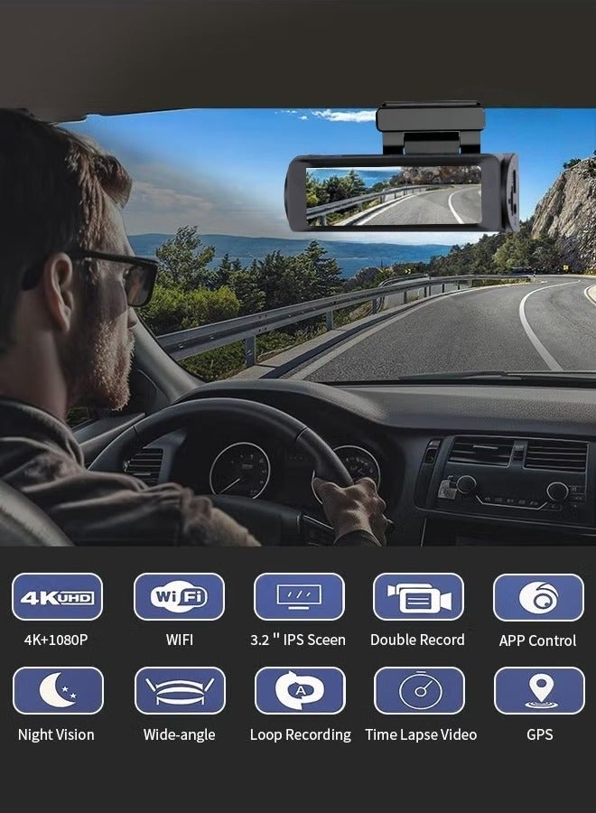 كاميرا داش للسيارات، كاميرا سيارة أمامية وخلفية بدقة 4K UHD كاملة مع بطاقة 64GB U3، رؤية ليلية فائقة مدمجة، شاشة IPS بحجم 3.0 بوصة، زاوية واسعة 170°، مستشعر G، وضع وقوف السيارات 24 ساعة، تسجيل متكرر - Image 2
