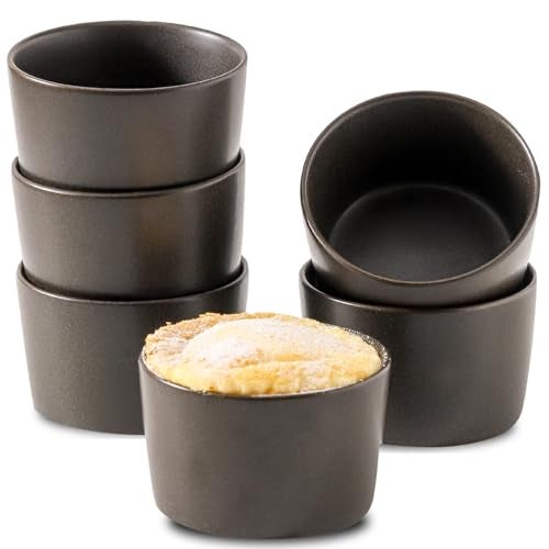 Tikooere Ramekins 8 oz, Oven Safe Soufflé Dishes for Creme Brulee, Souffle, Pudding, Lava Cake, Stoneware Custard Ramikens for Baking, Ceramic Sauce Bowls Set of 6, Kitchen Decor Gift, Matte Black - Image 1