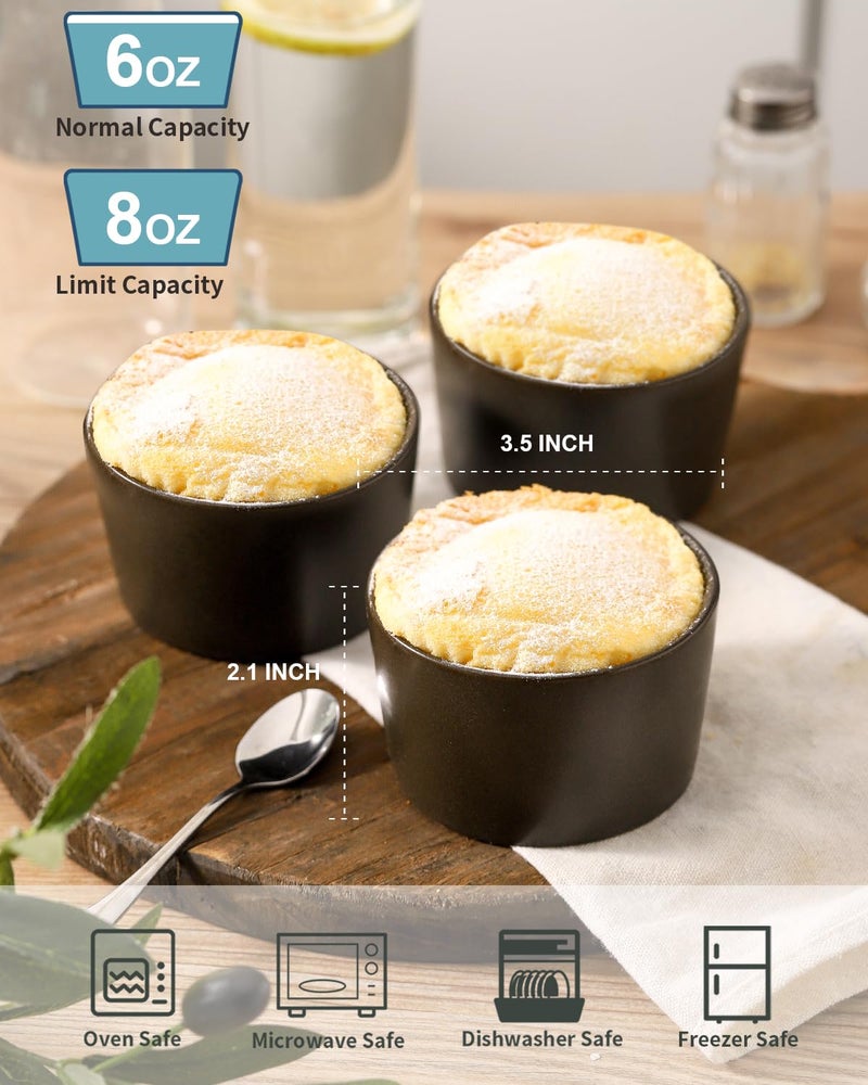 Tikooere Ramekins 8 oz, Oven Safe Soufflé Dishes for Creme Brulee, Souffle, Pudding, Lava Cake, Stoneware Custard Ramikens for Baking, Ceramic Sauce Bowls Set of 6, Kitchen Decor Gift, Matte Black - Image 2