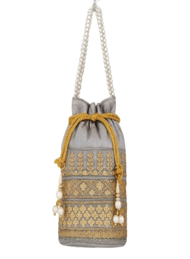 VINNIE Elegant Grey Silk Potli Bag with Golden Embroidery & Pearl Handle - Traditional Ethnic Pouch for Women & Girls - Image 1