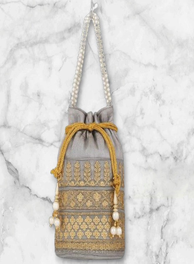 VINNIE Elegant Grey Silk Potli Bag with Golden Embroidery & Pearl Handle - Traditional Ethnic Pouch for Women & Girls - Image 2