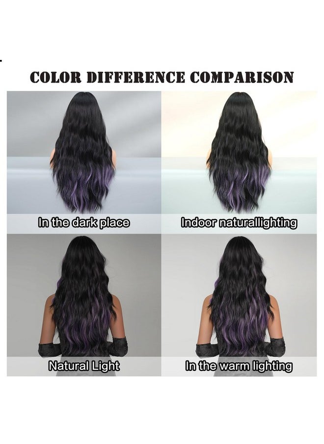 7JHH WIGS - Long Wavy Purple Black Highlight Wig 27In Natural Heat Resistant Fiber Synthetic Curly Black Purple Highlight Ombre Wigs With Bangs For Women Girls Daily Party Chrismas Travel Used - Image 1