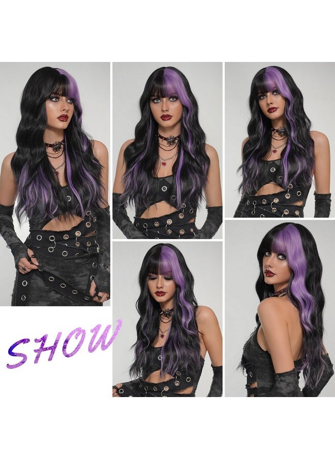 7JHH WIGS - Long Wavy Purple Black Highlight Wig 27In Natural Heat Resistant Fiber Synthetic Curly Black Purple Highlight Ombre Wigs With Bangs For Women Girls Daily Party Chrismas Travel Used - Image 1