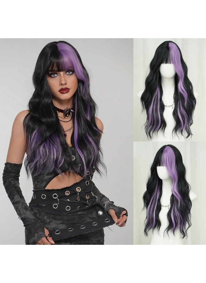 7JHH WIGS - Long Wavy Purple Black Highlight Wig 27In Natural Heat Resistant Fiber Synthetic Curly Black Purple Highlight Ombre Wigs With Bangs For Women Girls Daily Party Chrismas Travel Used - Image 1