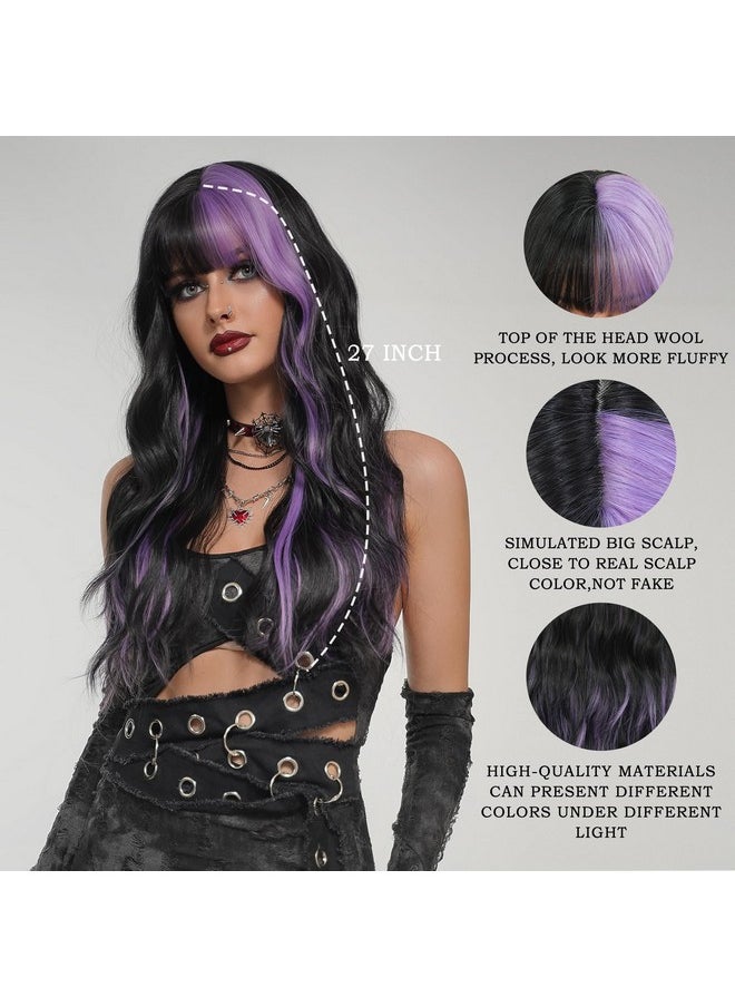 7JHH WIGS - Long Wavy Purple Black Highlight Wig 27In Natural Heat Resistant Fiber Synthetic Curly Black Purple Highlight Ombre Wigs With Bangs For Women Girls Daily Party Chrismas Travel Used - Image 1