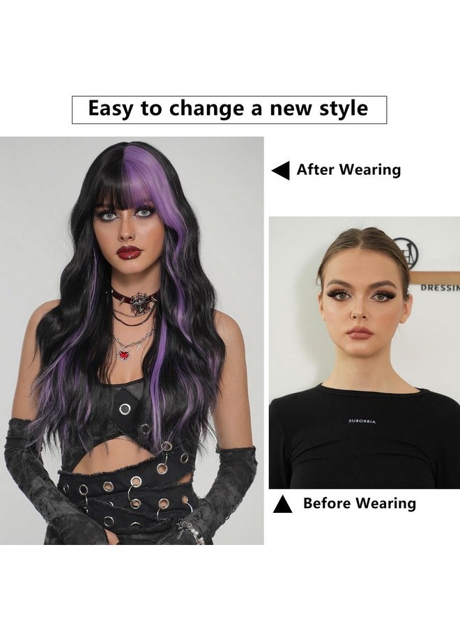 7JHH WIGS - Long Wavy Purple Black Highlight Wig 27In Natural Heat Resistant Fiber Synthetic Curly Black Purple Highlight Ombre Wigs With Bangs For Women Girls Daily Party Chrismas Travel Used - Image 1
