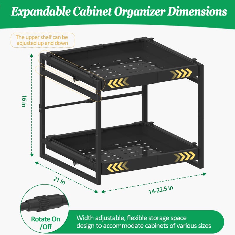 REALINN 2 Tier Pull Out Cabinet Organizer, 21 inch Depth Slide Out Shelves, Expandable 14"-22.5" Wide Heavy-Duty Cabinet Drawers for Kitchen Pots, Pans & Pantry Storage, Black - Image 2