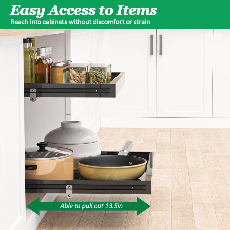 REALINN 2 Tier Pull Out Cabinet Organizer, 21 inch Depth Slide Out Shelves, Expandable 14"-22.5" Wide Heavy-Duty Cabinet Drawers for Kitchen Pots, Pans & Pantry Storage, Black - Image 3