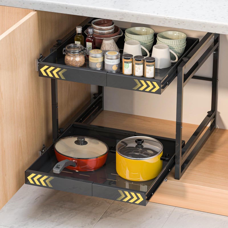REALINN 2 Tier Pull Out Cabinet Organizer, 21 inch Depth Slide Out Shelves, Expandable 14"-22.5" Wide Heavy-Duty Cabinet Drawers for Kitchen Pots, Pans & Pantry Storage, Black - Image 1
