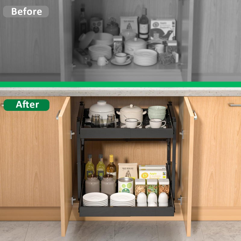REALINN 2 Tier Pull Out Cabinet Organizer, 21 inch Depth Slide Out Shelves, Expandable 14"-22.5" Wide Heavy-Duty Cabinet Drawers for Kitchen Pots, Pans & Pantry Storage, Black - Image 4