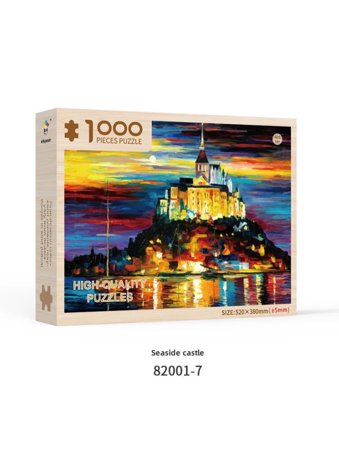 لغز خشبي صعب الضغط للكبار باللونين الأبيض والأسود في منتصف العمر وكبار السن 1000 لعبة متقدمة - اللون: 1000 قطعة من القلعة الساحلية (52*38 سم) - Image 1