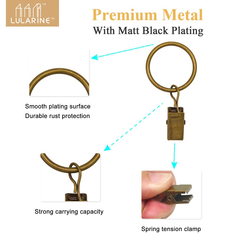 LULARINE 42 Pack Curtain Rings with Clips 1.26" Interior Diameter,Metal Drapery Ring with Clips Compatible with up to 1 inch Drapery Rod,Strong Vintage Decorative Rustproof Drapery Ring with Hooks(Bronze) - Image 3