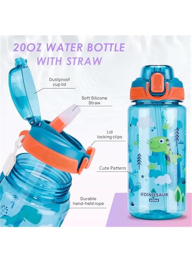 KHAJUL 600ML Kids Water Bottle for School with Straw BPA-Free Spout Lid for Boys & Girls (Blue-Dinosaur) - Image 3