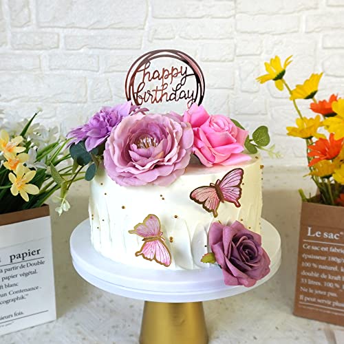 BANBALLON 20 PCS Flower Cake Toppers Butterfly Cake Decorations Happy Birthday Cake Toppers with Pink Purple Flowers Eucalyptus Butterflies for Birthday Party Wedding Baby Shower Supplies (Pink Purple) - Image 3