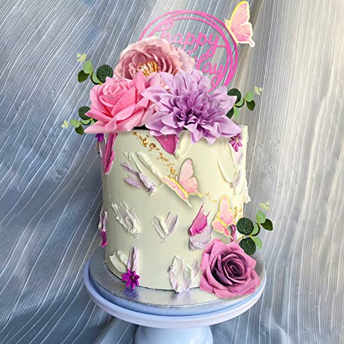 BANBALLON 20 PCS Flower Cake Toppers Butterfly Cake Decorations Happy Birthday Cake Toppers with Pink Purple Flowers Eucalyptus Butterflies for Birthday Party Wedding Baby Shower Supplies (Pink Purple) - Image 5
