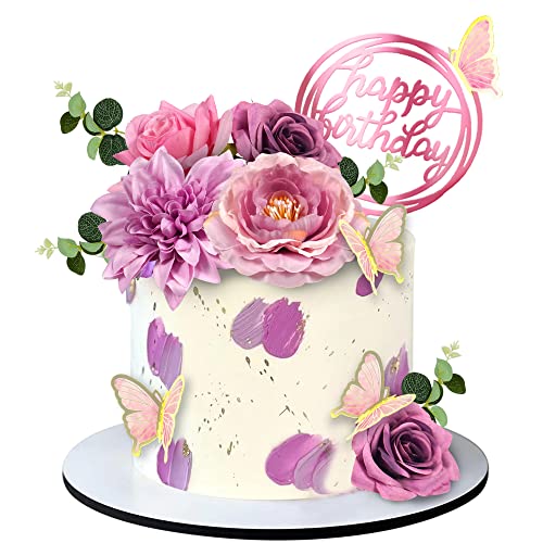BANBALLON 20 PCS Flower Cake Toppers Butterfly Cake Decorations Happy Birthday Cake Toppers with Pink Purple Flowers Eucalyptus Butterflies for Birthday Party Wedding Baby Shower Supplies (Pink Purple) - Image 1