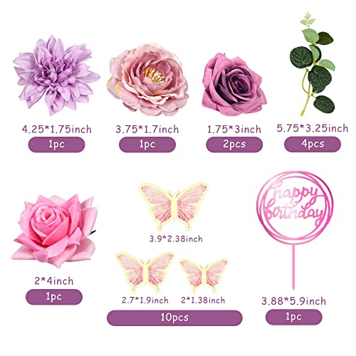 BANBALLON 20 PCS Flower Cake Toppers Butterfly Cake Decorations Happy Birthday Cake Toppers with Pink Purple Flowers Eucalyptus Butterflies for Birthday Party Wedding Baby Shower Supplies (Pink Purple) - Image 2