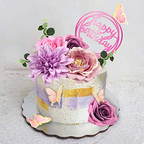BANBALLON 20 PCS Flower Cake Toppers Butterfly Cake Decorations Happy Birthday Cake Toppers with Pink Purple Flowers Eucalyptus Butterflies for Birthday Party Wedding Baby Shower Supplies (Pink Purple) - Image 4
