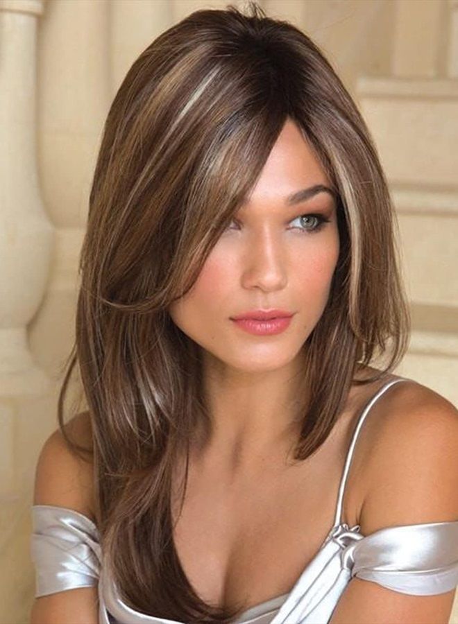 RENERSHOW Long Mixed Brown Highlight Synthetic Wigs for Women Layered Ombre Brown Wig with Dark Roots Straight Hair Wig - Image 1