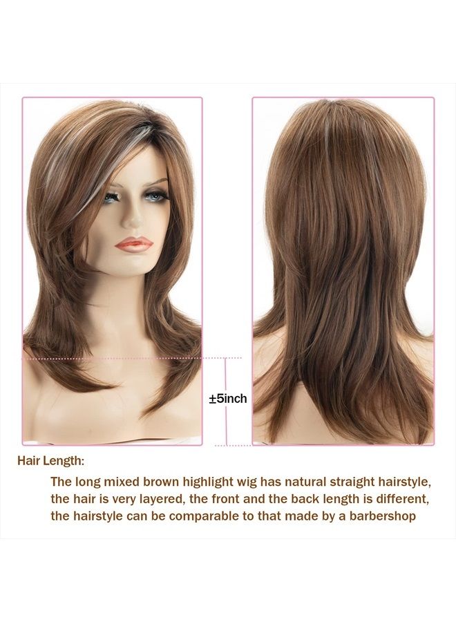 RENERSHOW Long Mixed Brown Highlight Synthetic Wigs for Women Layered Ombre Brown Wig with Dark Roots Straight Hair Wig - Image 3