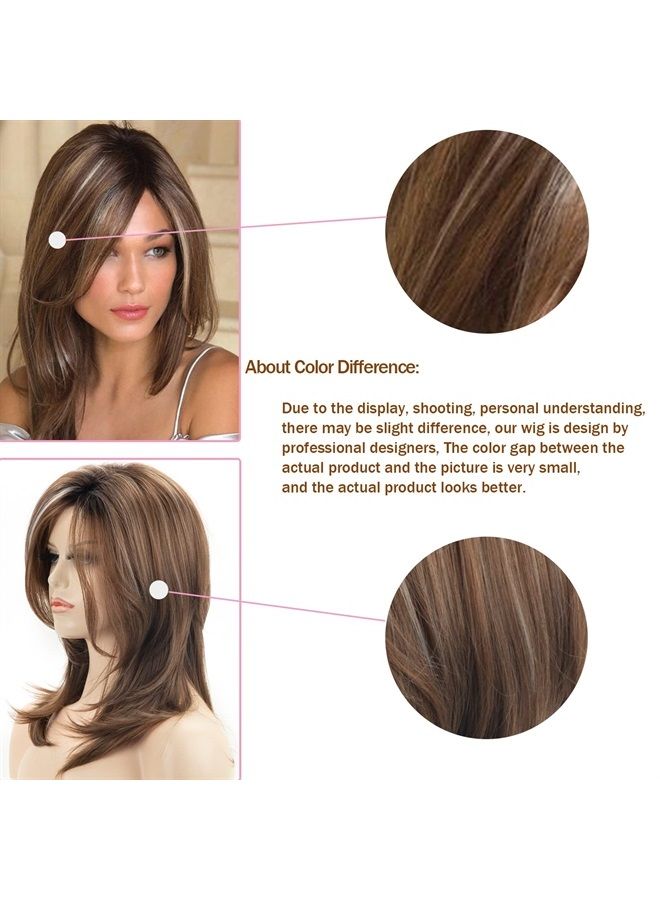 RENERSHOW Long Mixed Brown Highlight Synthetic Wigs for Women Layered Ombre Brown Wig with Dark Roots Straight Hair Wig - Image 4