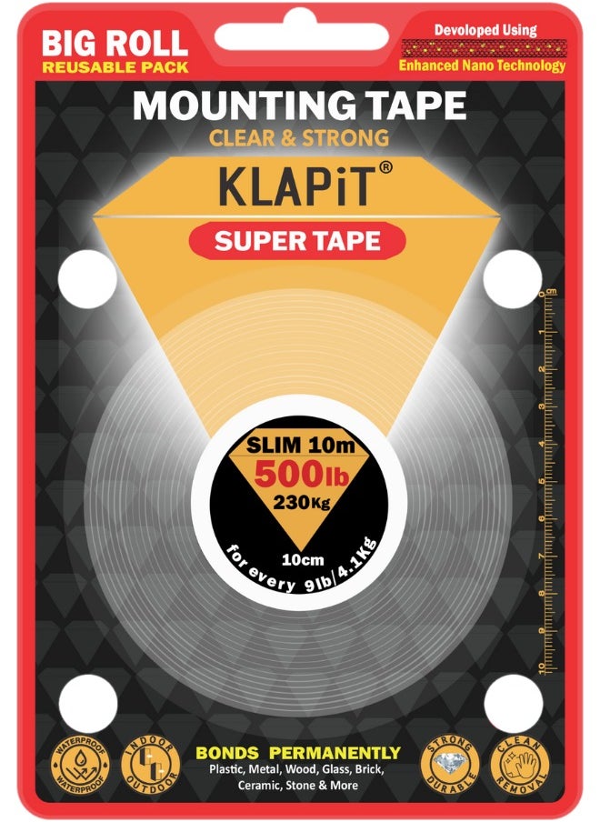 KLAPiT - KLAPiT SUPER TAPE Double Sided Heavy Duty Mounting Tape Holds 500 Pounds or 230Kg Weight Using Enhanced Nano Technology. Clear Tape for Wall, Wood, Tile, Stone, Glass, Metal and Acrylic Slim 10m - Image 1