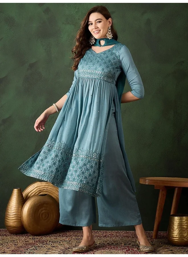 AKS Teal Blue Nyra Cut Sequinned Kurta Set