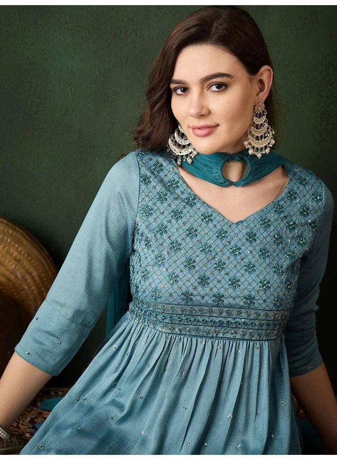 AKS Teal Blue Nyra Cut Sequinned Kurta Set