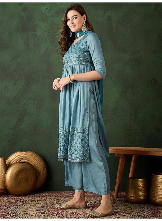 AKS Teal Blue Nyra Cut Sequinned Kurta Set