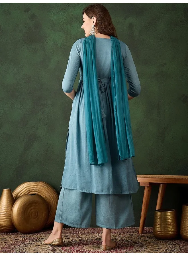 AKS Teal Blue Nyra Cut Sequinned Kurta Set