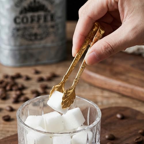 DOITOOL 3.5inch Mini Serving Tongs, 2PCS Sugar Tongs, Small Stainless Steel Sugar Cube Pick with Rose Embossed Ice Grabber for Tea and Coffee Party Charcuterie Board Appetizers （Gold） - Image 2