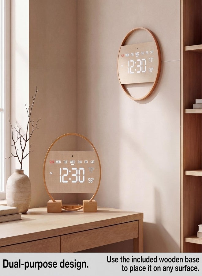 Driini Large Digital Wall Clock -Round Digital Bamboo Wooden Wall Clock with Large Display - LED Wall Clock - Auto-Dimming – Plug in USB with Temperature & Humidity – Large Wall Clock for Living Room. - Image 2