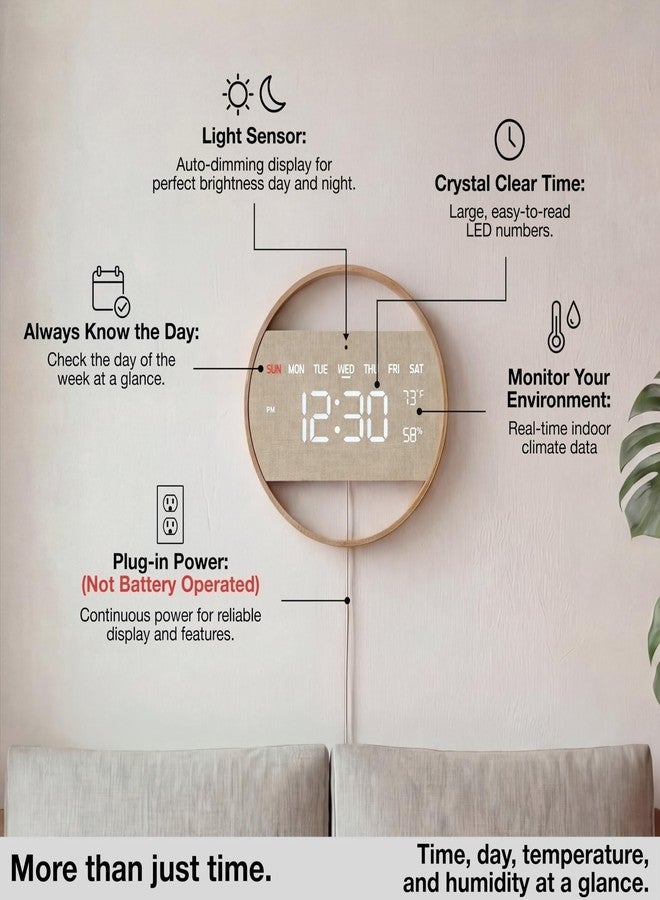 Driini Large Digital Wall Clock -Round Digital Bamboo Wooden Wall Clock with Large Display - LED Wall Clock - Auto-Dimming – Plug in USB with Temperature & Humidity – Large Wall Clock for Living Room. - Image 4