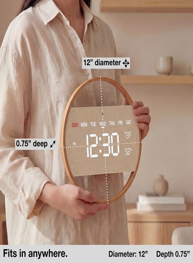 Driini Large Digital Wall Clock -Round Digital Bamboo Wooden Wall Clock with Large Display - LED Wall Clock - Auto-Dimming – Plug in USB with Temperature & Humidity – Large Wall Clock for Living Room. - Image 3