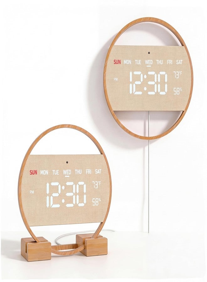 Driini Large Digital Wall Clock -Round Digital Bamboo Wooden Wall Clock with Large Display - LED Wall Clock - Auto-Dimming – Plug in USB with Temperature & Humidity – Large Wall Clock for Living Room. - Image 1