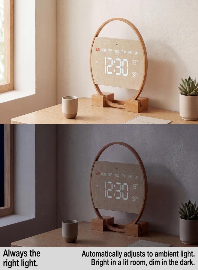 Driini Large Digital Wall Clock -Round Digital Bamboo Wooden Wall Clock with Large Display - LED Wall Clock - Auto-Dimming – Plug in USB with Temperature & Humidity – Large Wall Clock for Living Room. - Image 5